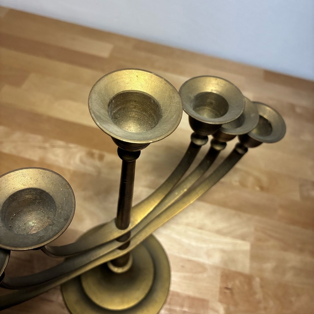 Vintage Brass Metal Seven-Branched Candelabra Jewish Menorah Candle Holders - Picture 3 of 8